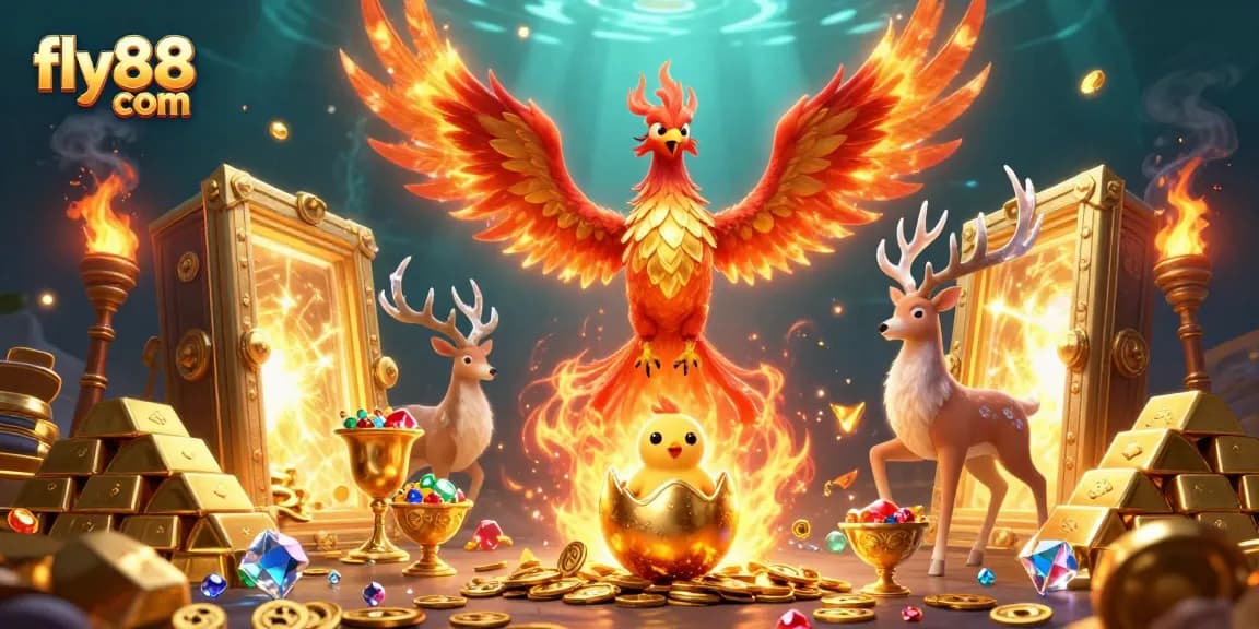 Experience top-tier action with fly88 com in this vibrant casino-themed illustration filled with treasures.