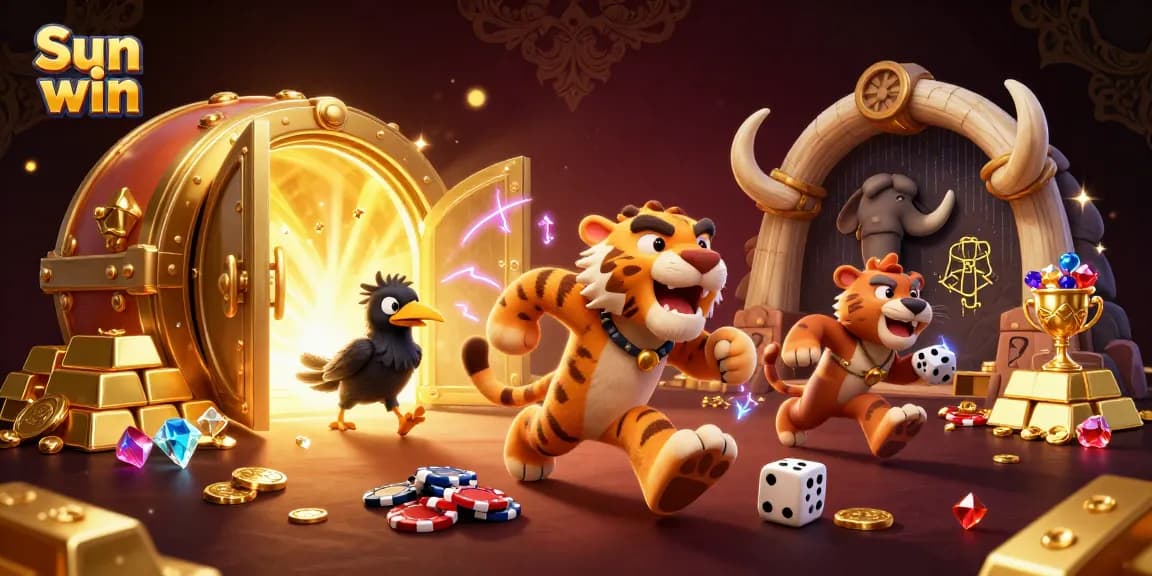 Experience the thrill of Sun win in this dynamic 3D casino illustration showcasing exciting games and interactions.