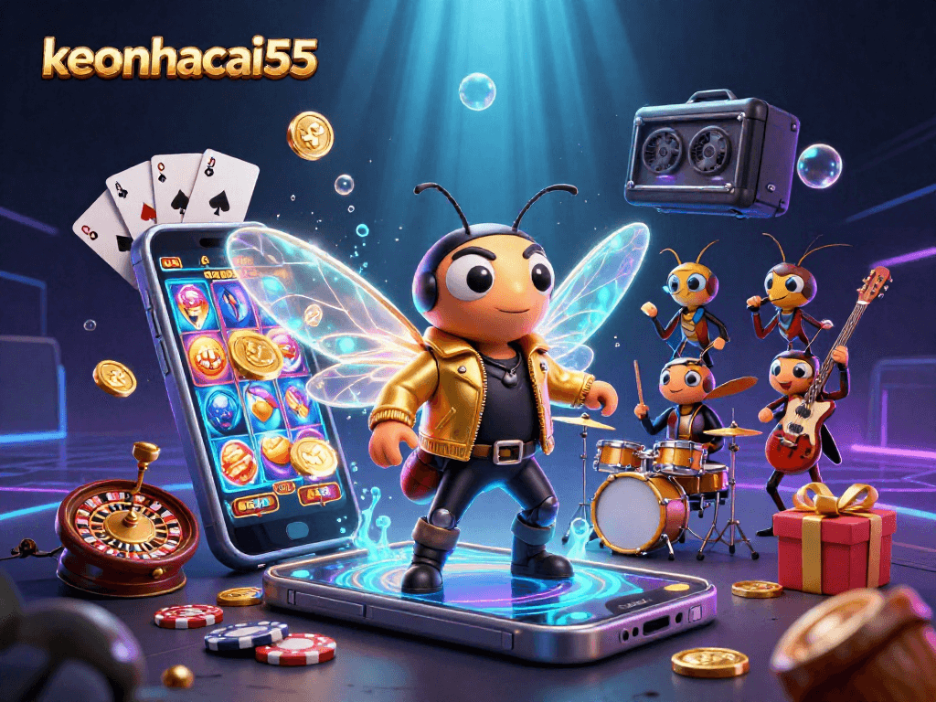 Engage with keonhacai55 through a lively casino scene featuring a rock star cicada, dynamic game elements, and vibrant visuals.