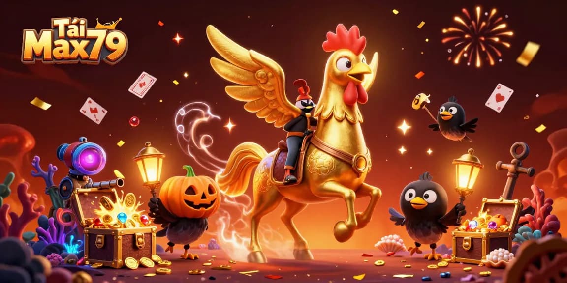 Tải Max79 brings excitement to the midnight casino with golden rooster and crow companions.