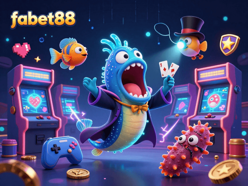 Experience thrilling gaming action with fabet88 in this vibrant 3D casino illustration.