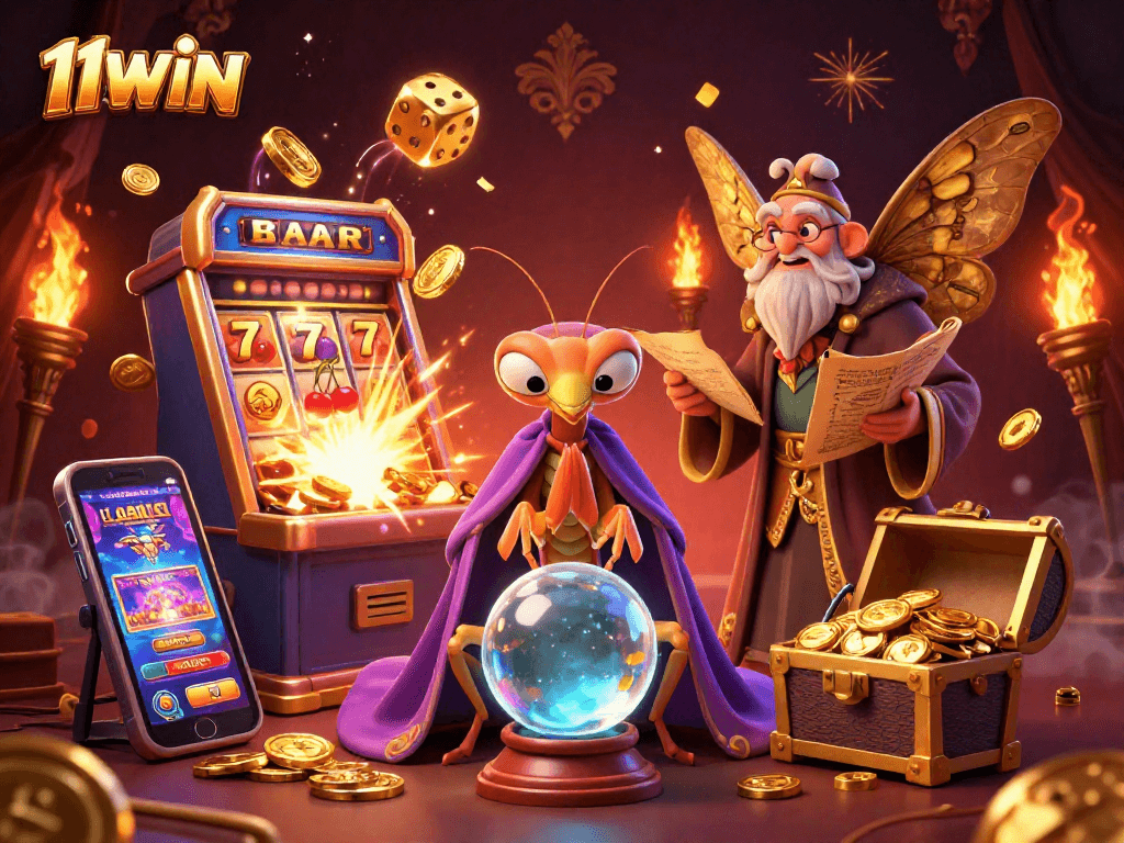 Experience thrilling wins at 11WIN with vibrant slot machines, fortune tellers, and golden treasures.