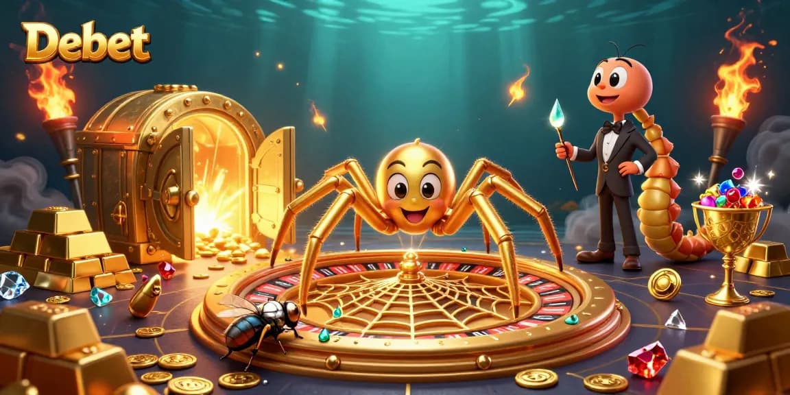 Engage with Debet in a vibrant casino scene as cartoon characters spin a roulette wheel.