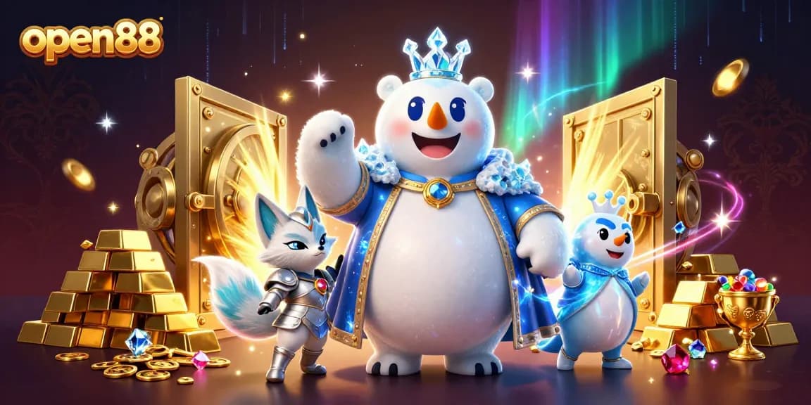 Experience thrilling wins at open88 with a dazzling casino scene featuring treasures and royal characters.