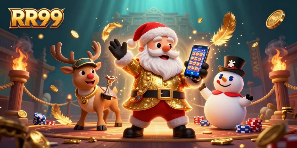 Experience the excitement of RR99 as Santa wins jackpots amidst gold coins and vibrant casino elements.