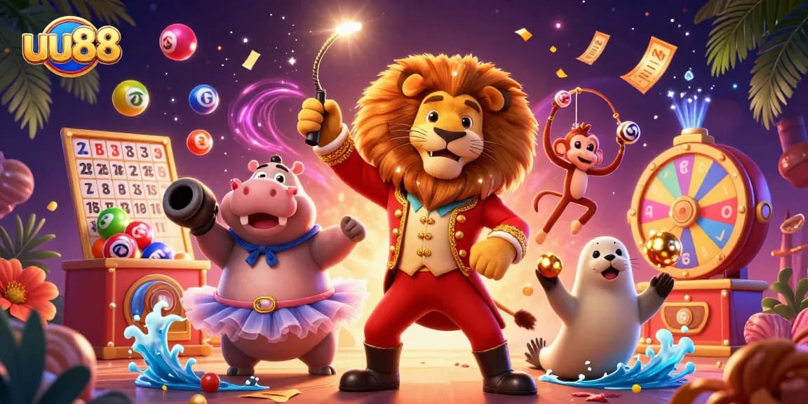 Experience dynamic gameplay at uu88 with a vibrant casino illustration showcasing lively characters and lottery elements.