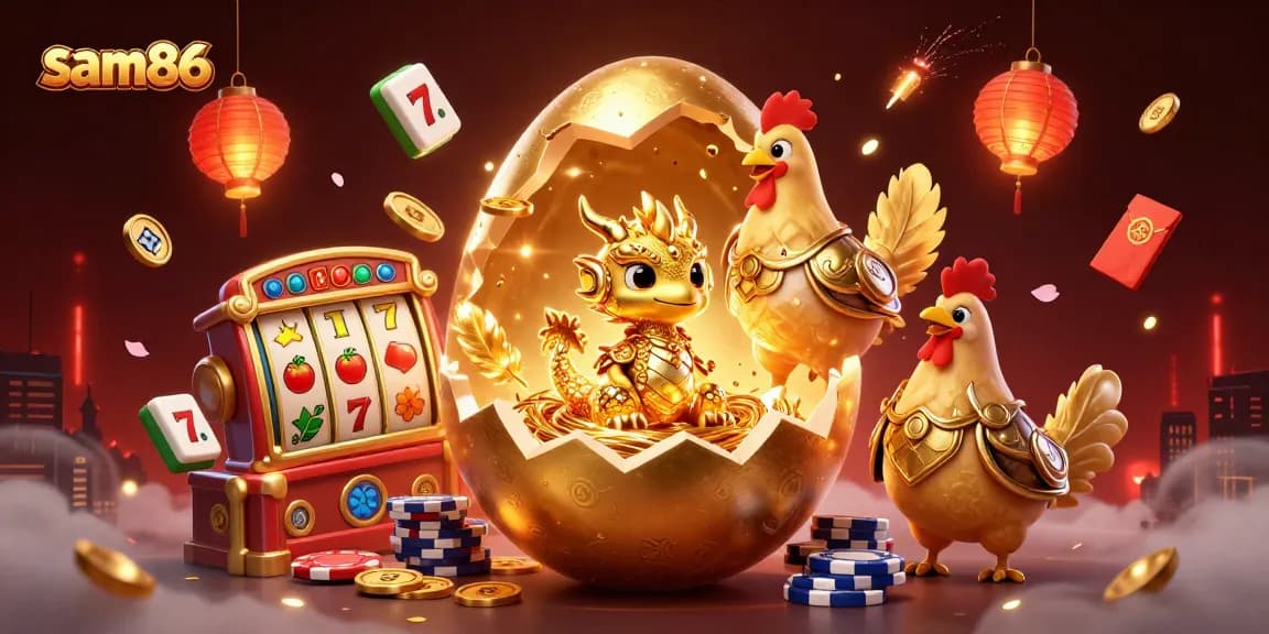 Experience triumph with sam86 as the golden dragon emerges from a jackpot nest of poker chips.
