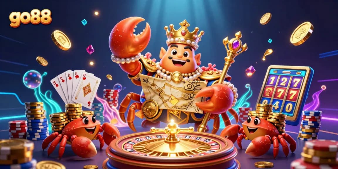 Experience thrilling gameplay at go88 with a golden crab emperor and treasure map amidst casino elements.