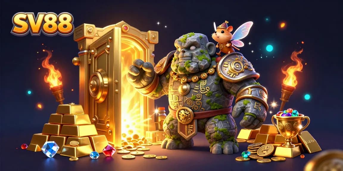 Enhance your experience with SV88, featuring a magical golem and treasures in a vibrant 3D casino scene.