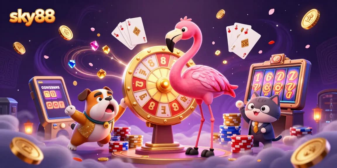 Engage with sky88's vibrant casino scene featuring golden prizes and lively characters.