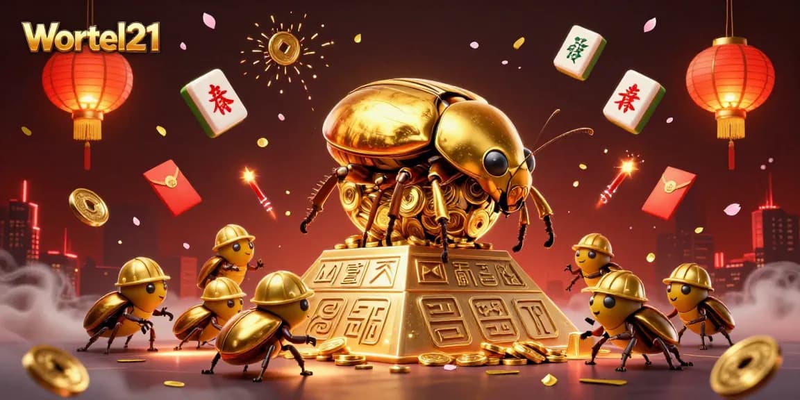 Wortel21 spins fortune's wheel with golden beetles rolling coins in an exciting online casino scene.
