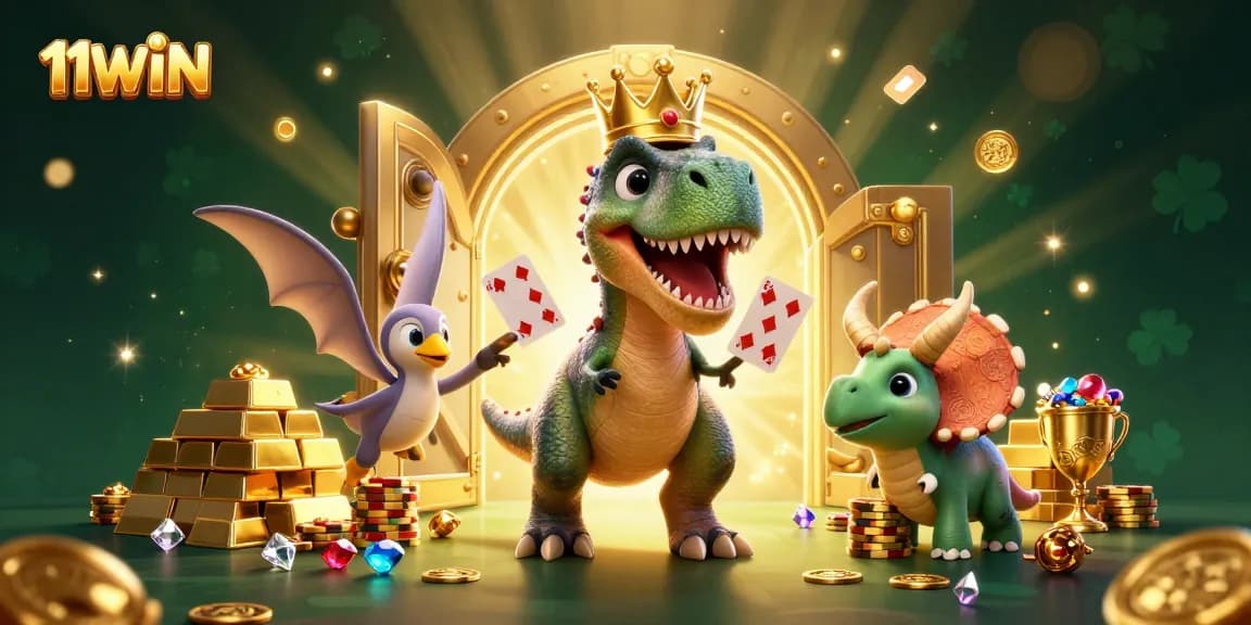 Engage with 11WIN through this lively casino scene featuring playful dinosaur characters amidst golden treasures.