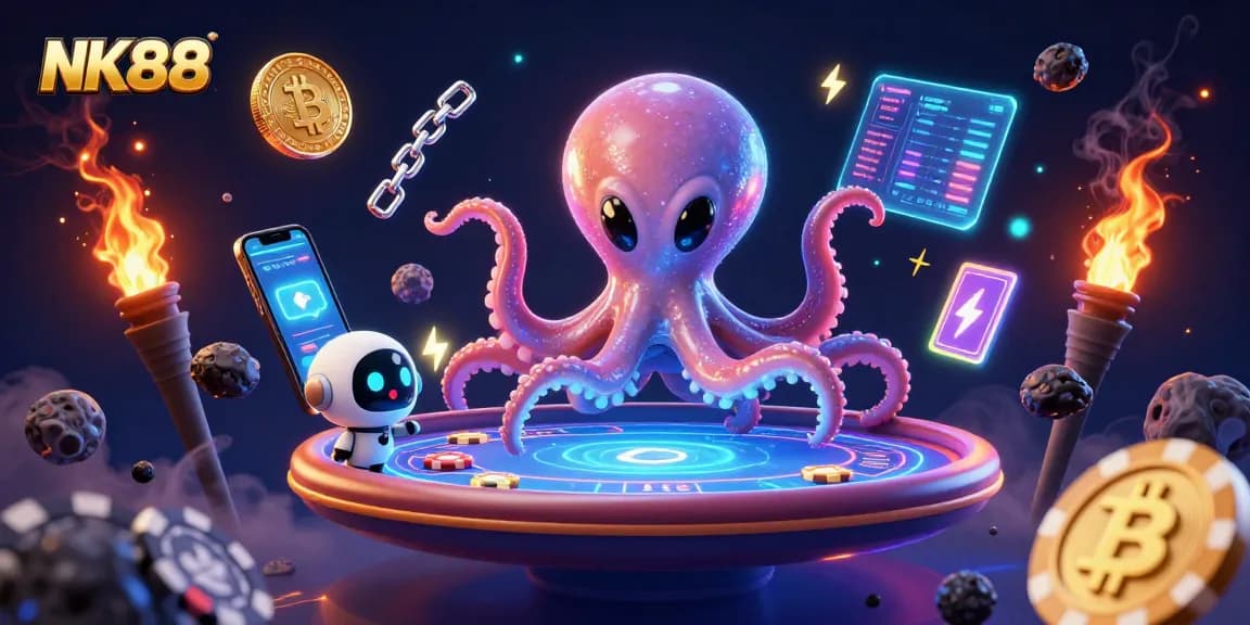 Experience high-stakes excitement with the NK88 alien octopus managing a cosmic poker game amidst dazzling crypto elements.