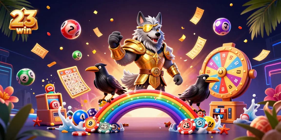 Experience thrilling gameplay with 23win's vibrant casino scene featuring spinning lottery balls and iconic characters.