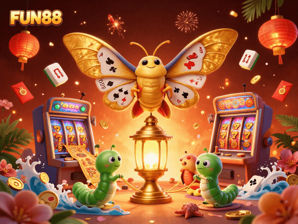 Engage in FUN88 casino excitement with a vibrant scene of a moth and dynamic game elements.