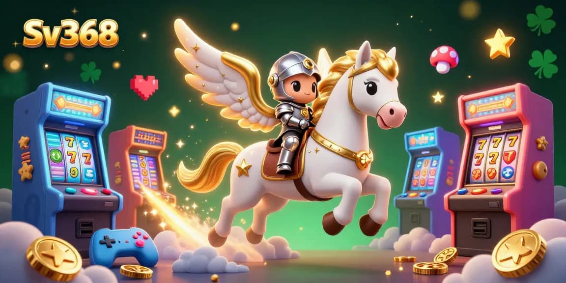 Experience the excitement of Sv368 with a dynamic 3D casino illustration featuring vibrant slot machines and playful characters.