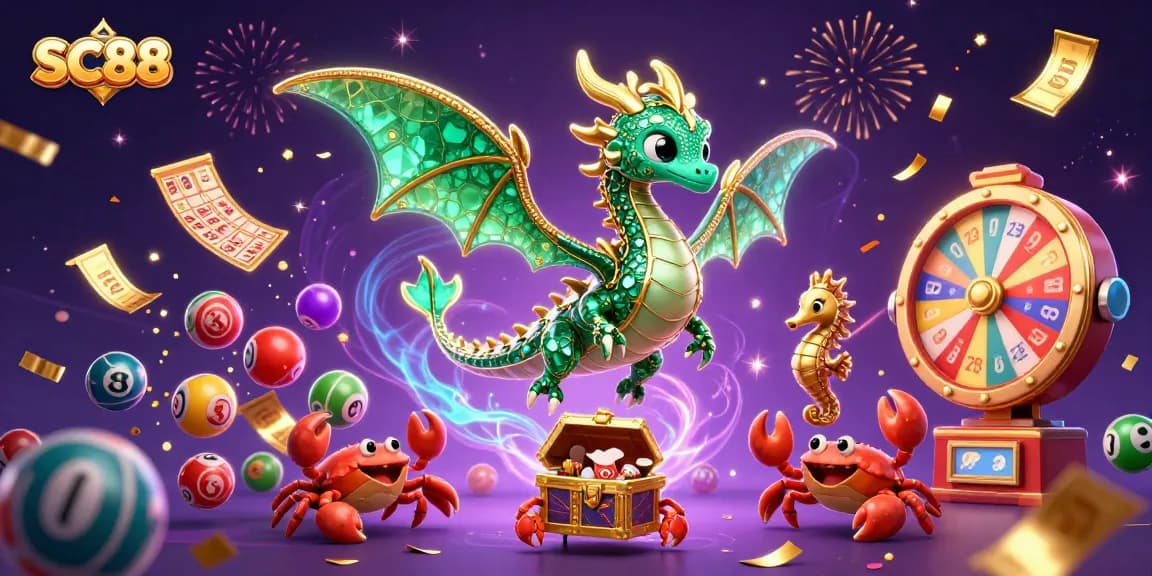 SC88 offers an exciting experience with a vibrant array of games and prizes under a dazzling sea dragon scene.