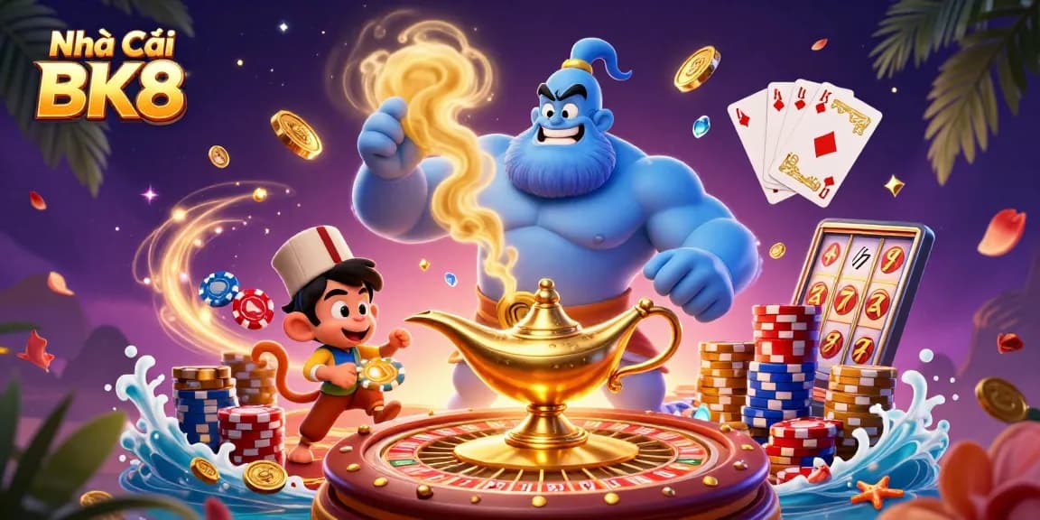 Engage thrilling games at Nhà Cái BK8 with vibrant 3D illustration showcasing casino action.