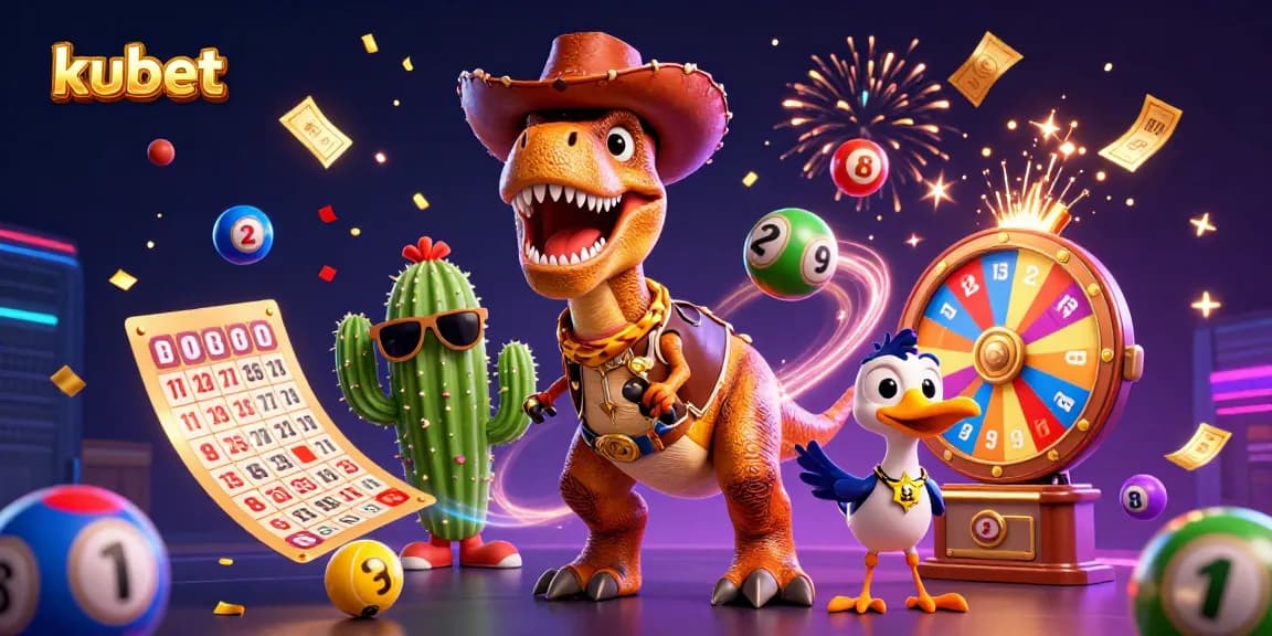 Spin and win with kubet in a vibrant casino scene featuring playful characters and dynamic elements.