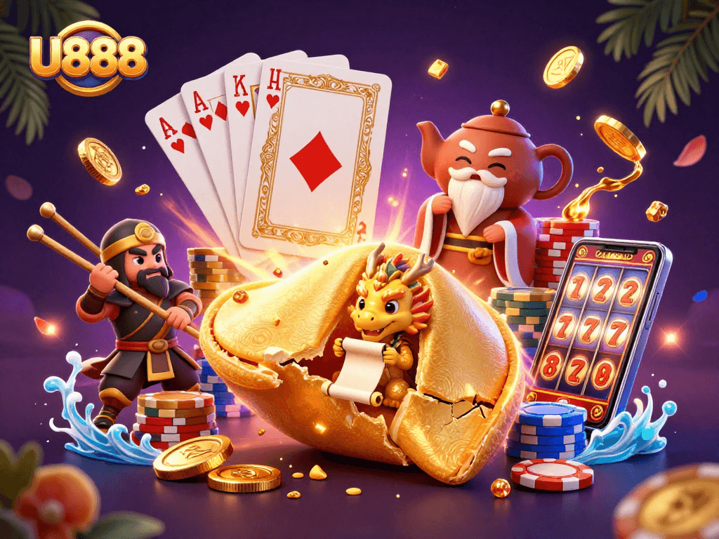 Experience endless fun with U888's immersive casino scene featuring a golden fortune cookie, wise dragon, and more.