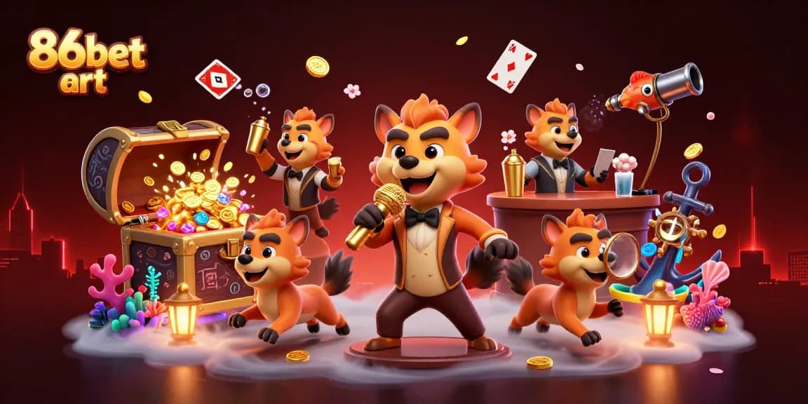 Engaging 86bet art scene depicting hyenas managing a vibrant casino with humor and charm.