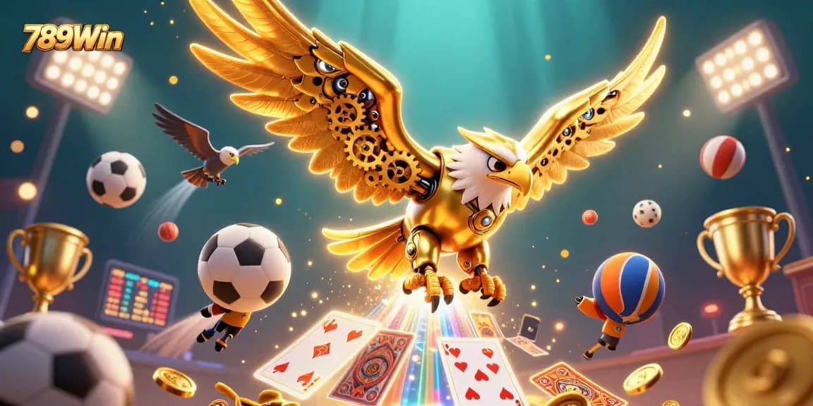 Experience thrilling games at 789Win, highlighted by stunning animations of golden eagle and sports elements.