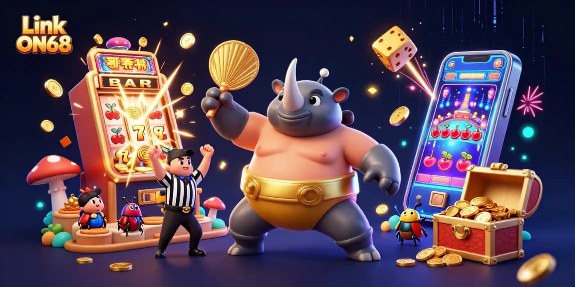 Experience the excitement of Link ON68 as the sumo beetle champion stomps coins in this vibrant casino scene.