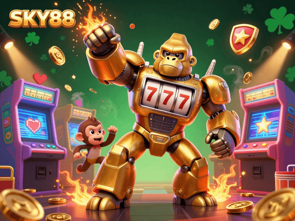 Engage in thrilling gameplay at SKY88 with a dynamic golden gorilla mech smashing through coins, surrounded by arcade elements.