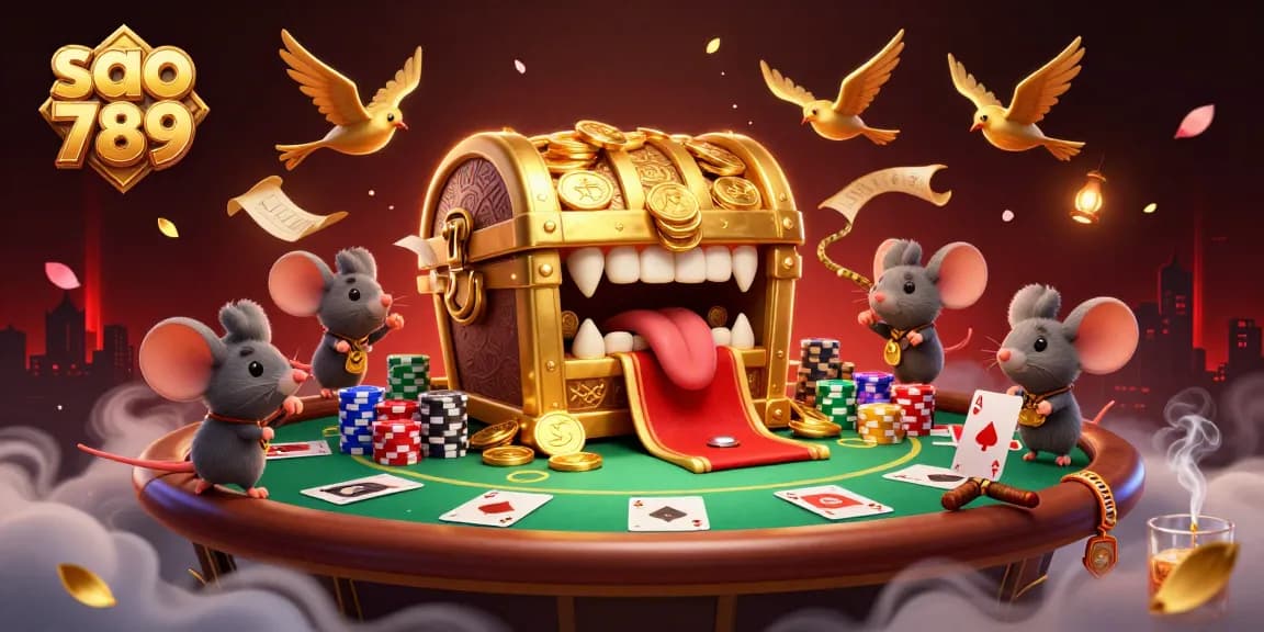 Engage in the thrilling world of sao 789 with a whimsical treasure chest and poker casino elements.