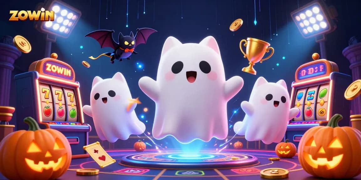 Zowin offers a vibrant casino experience with a ghost cat and a vampire bat amidst glowing slot reels.