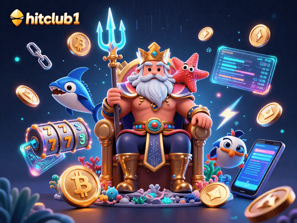 Hitclub1 engages players with a vibrant crypto casino scene featuring Neptune and dazzling game elements.