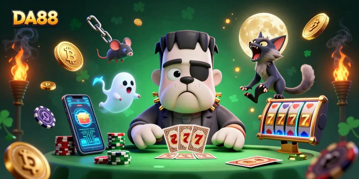 Engage with DA88 at a lively casino as a monster dealer shares cards amidst vibrant gaming elements.