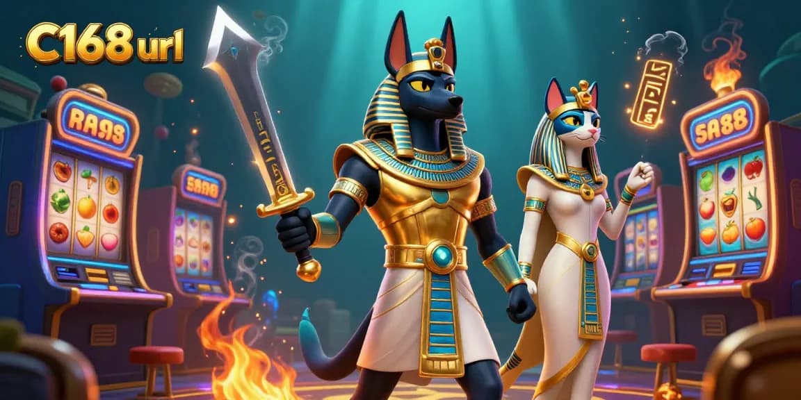 Spin the reels with C168 url in this vibrant casino scene featuring Anubis and Bastet