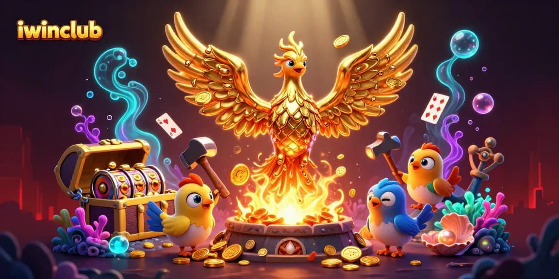 Iwinclub engages players with a vibrant 3D casino scene featuring a golden phoenix and dynamic game elements.