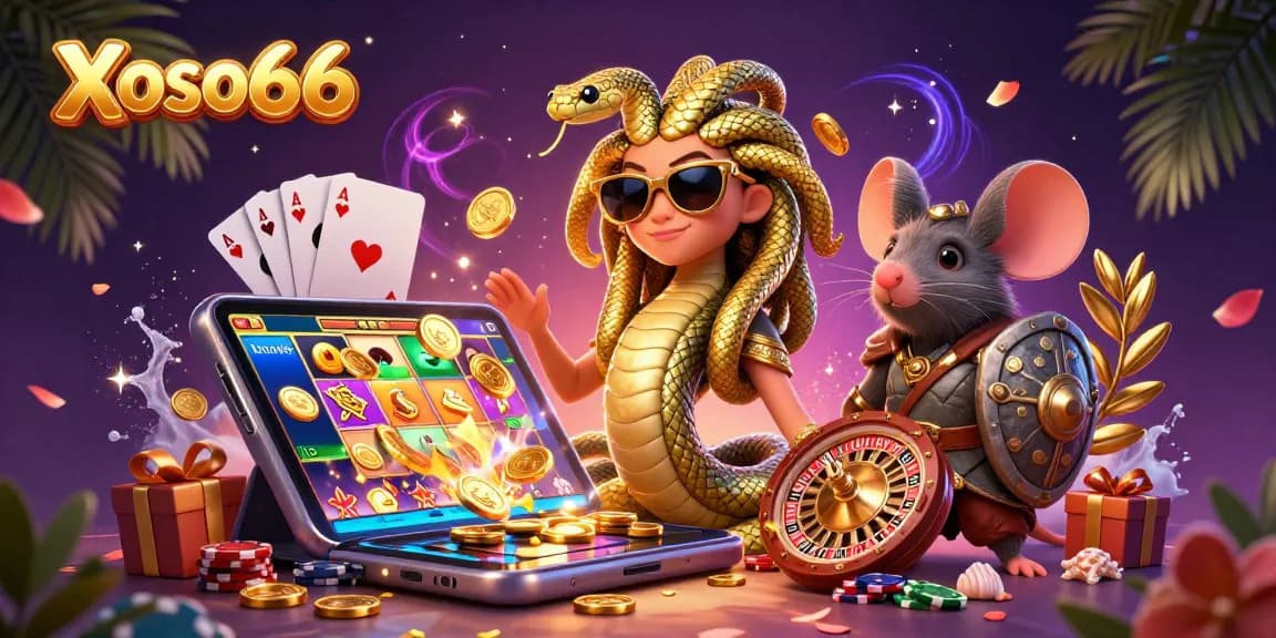 Experience thrilling wins at Xoso66 with Medusa and a golden warrior in a colorful slot game scene.
