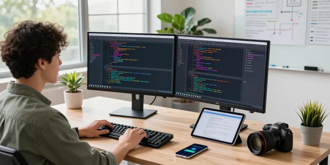 Engaging coding scene with WhatsApp下載 focus in a modern tech workspace.