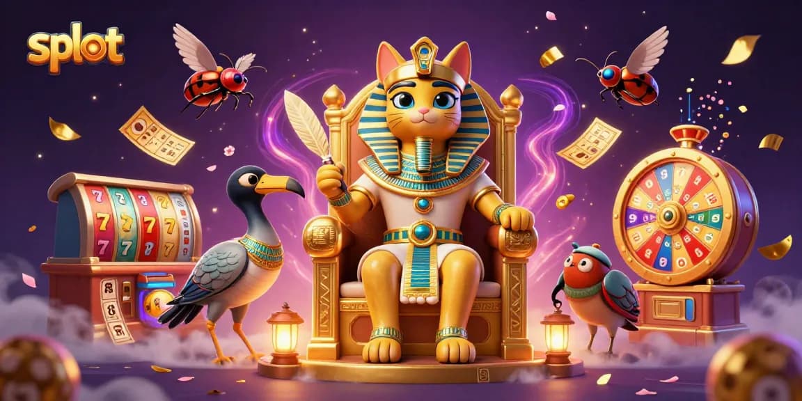 Spin colorful slot reels in a vibrant casino scene with Egyptian-themed characters.