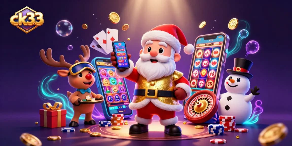 Experience ck33 thrills with Santa, a reindeer dealer, and a poker chip snowman celebrating jackpots!