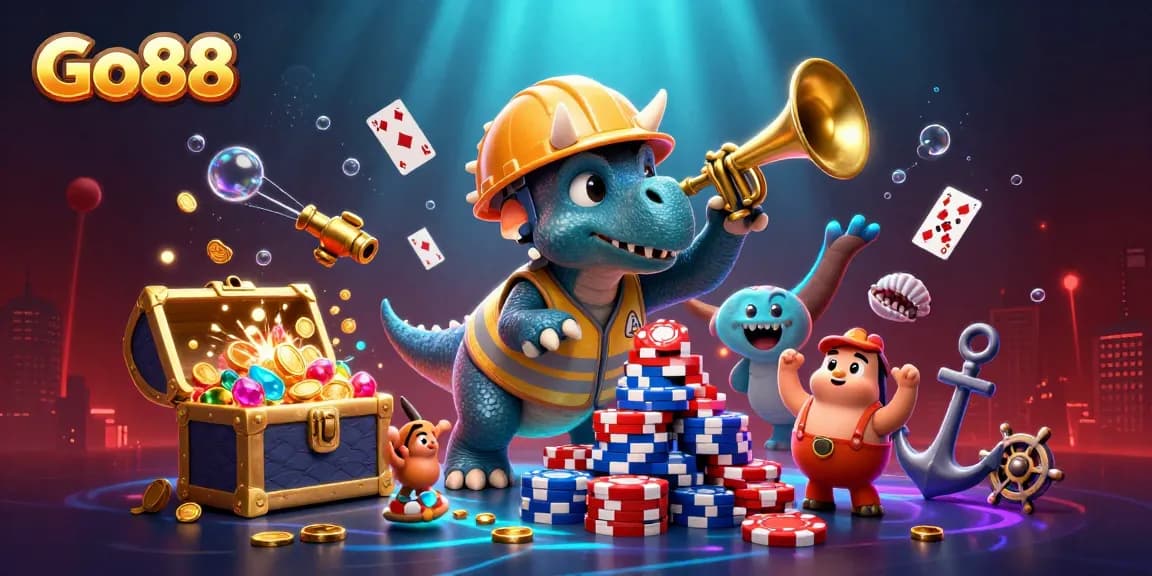 Go88 celebrates gambling success with a vibrant scene of playful dinosaurs amid casino elements.
