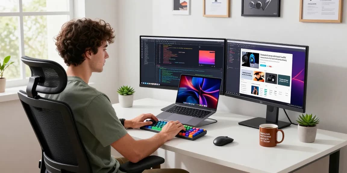 Professional workspace featuring an M5 MacBook on a minimalist desk surrounded by dual monitors and tech memorabilia.