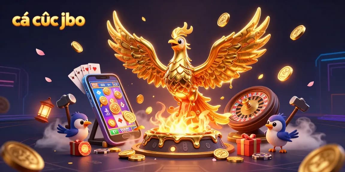 Experience cá cược jbo with a lively 3D scene featuring a golden phoenix, slot games, and casino elements.