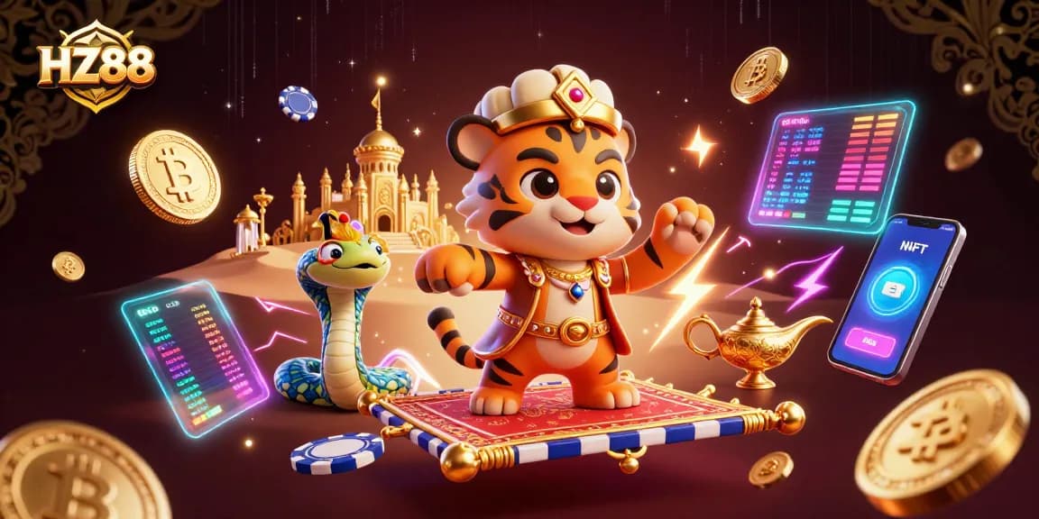 Engage in thrilling casino adventures with HZ88 amidst a vibrant 3D Arabian-themed scene!