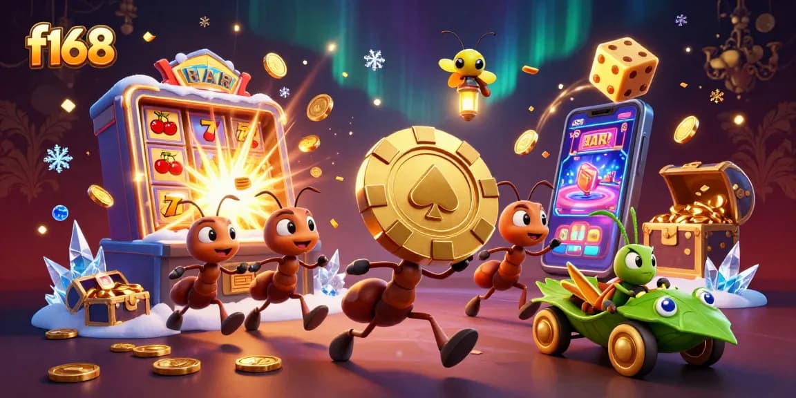Experience thrilling action at f168 as a team of animated ants heists a giant poker chip amidst a dynamic casino scene.