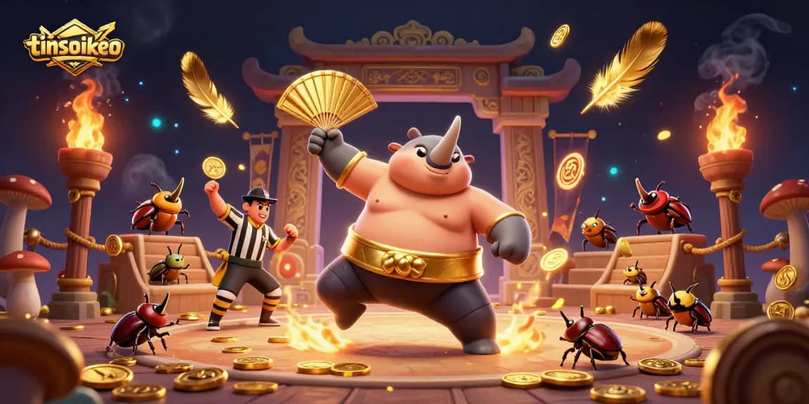 Experience thrilling tinsoikeo betting with vibrant beetle champions in an energetic arena scene.