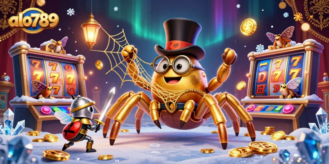 Experience exciting gameplay at alo789 with a dynamic scene featuring a golden tarantula and beetle knight, set against vibrant casino elements.