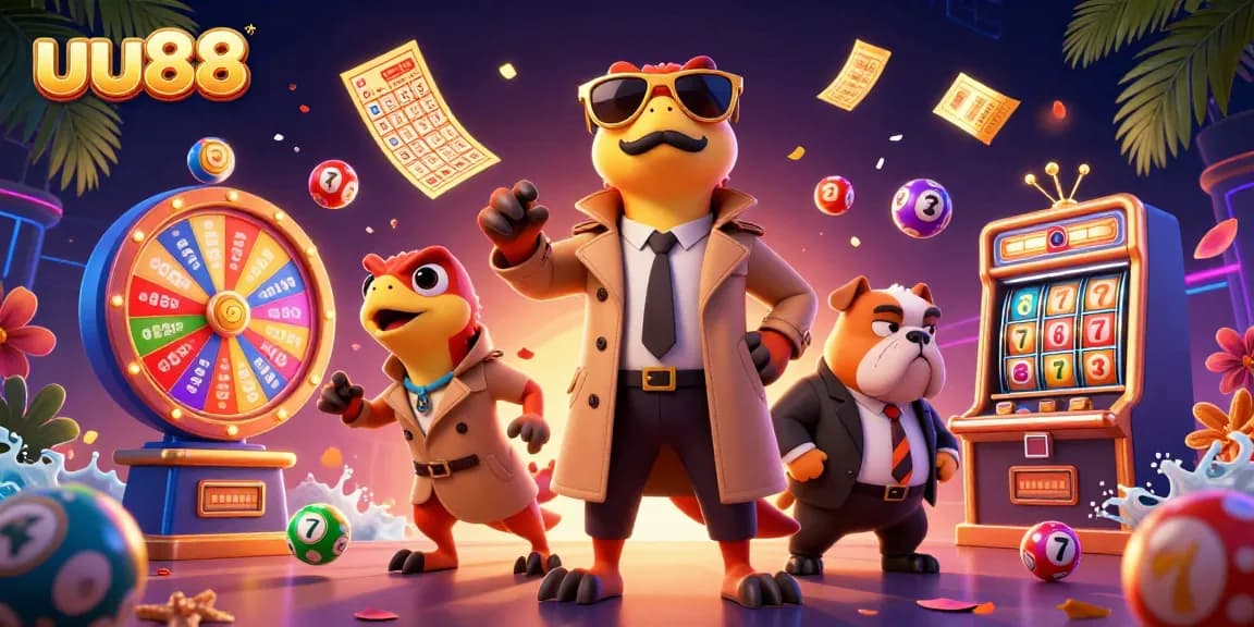 Play lotto with uu88 in a vibrant 3D casino scene featuring raptors and a bouncer.