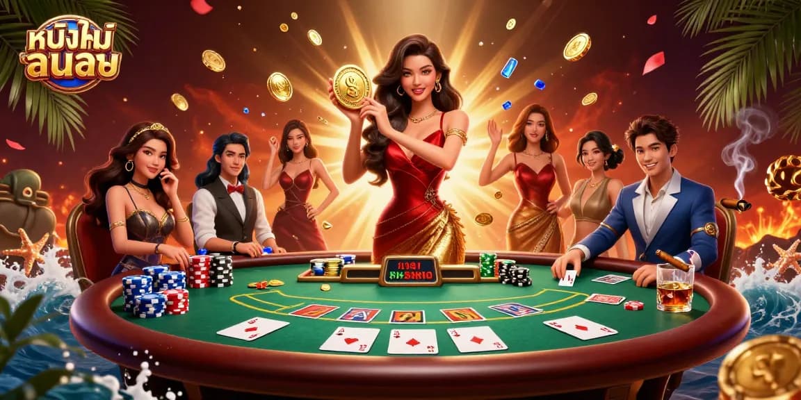 Engage in thrilling หนังใหม่ชนโรง gaming with a glamorous scene featuring a beautiful Asian woman, golden coins, and dynamic poker elements.