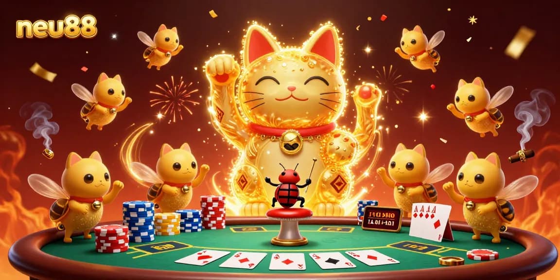 Experience neu88's vibrant casino world with golden fireflies and poker symbols in this detailed illustration.