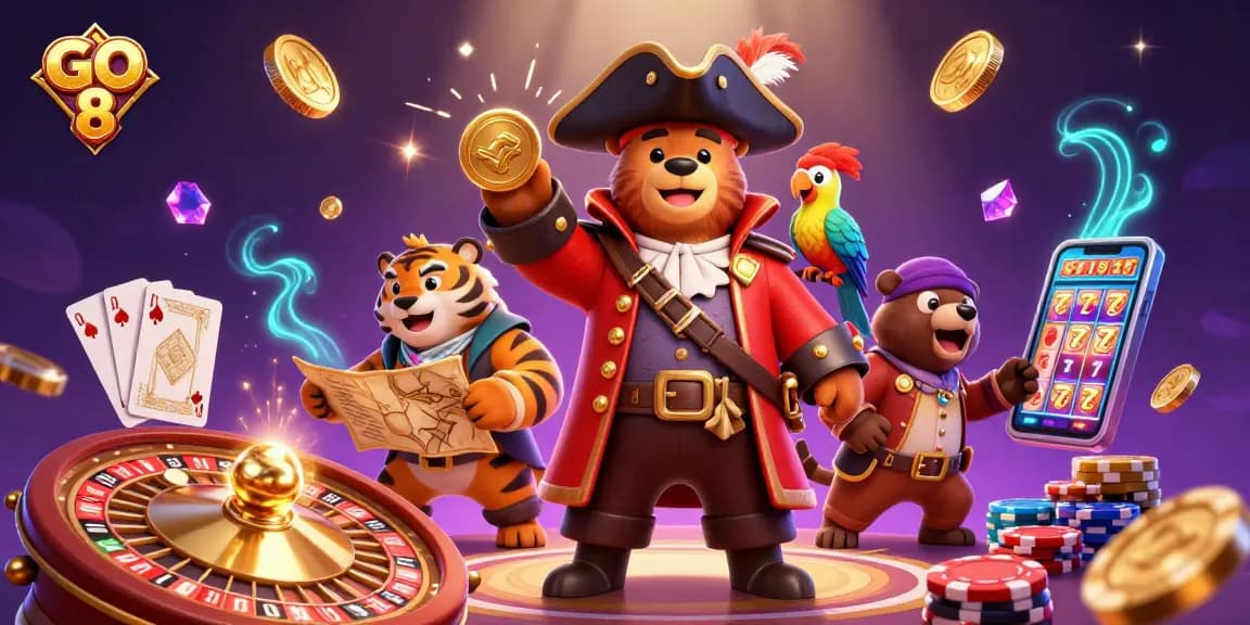 Experience the thrill of GO 8 with a vibrant 3D casino scene featuring a pirate captain bear and treasure.