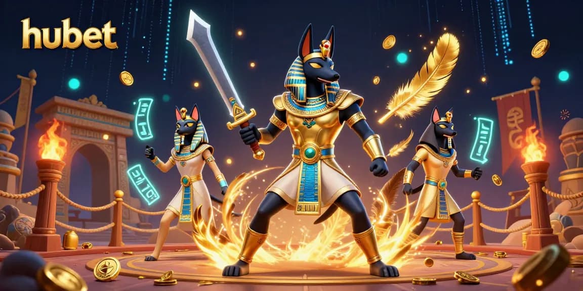 Engage in thrilling hubet gaming experiences with golden Anubis warrior and Bastet in vibrant casino-themed art.